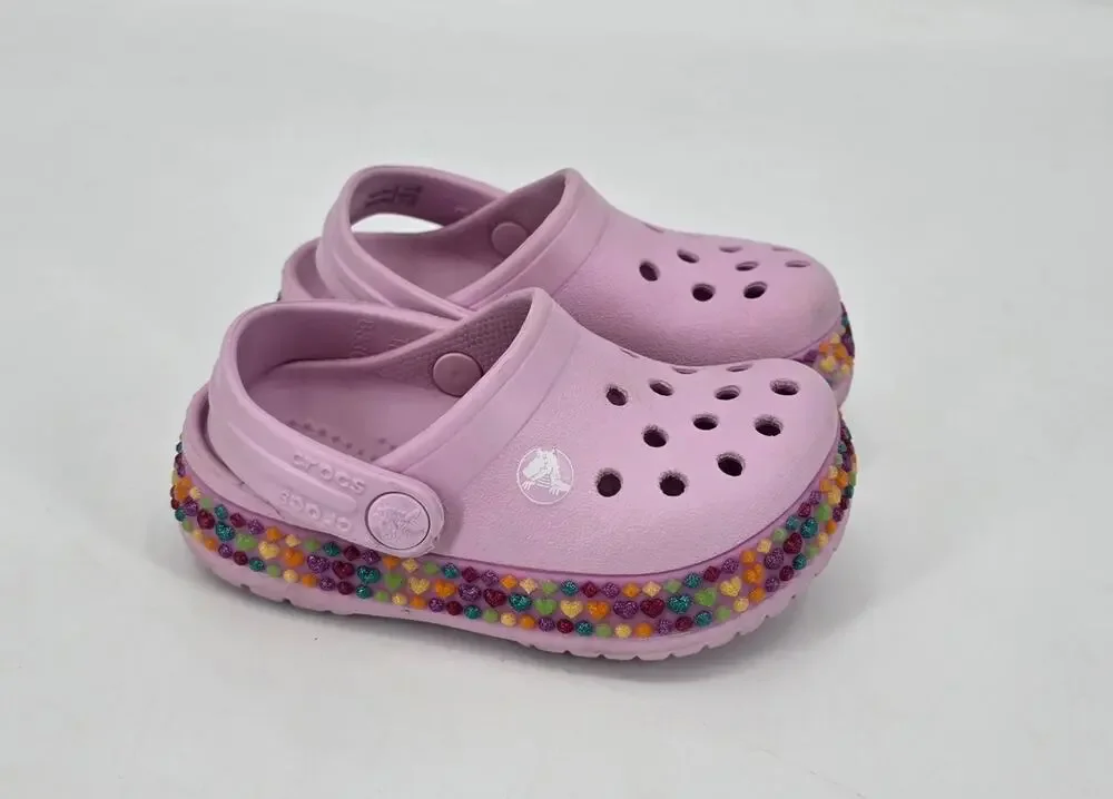 Crocs Kids Classic Glitter Rainbow Banded Clogs Pink Toddler Size 6C Slip On